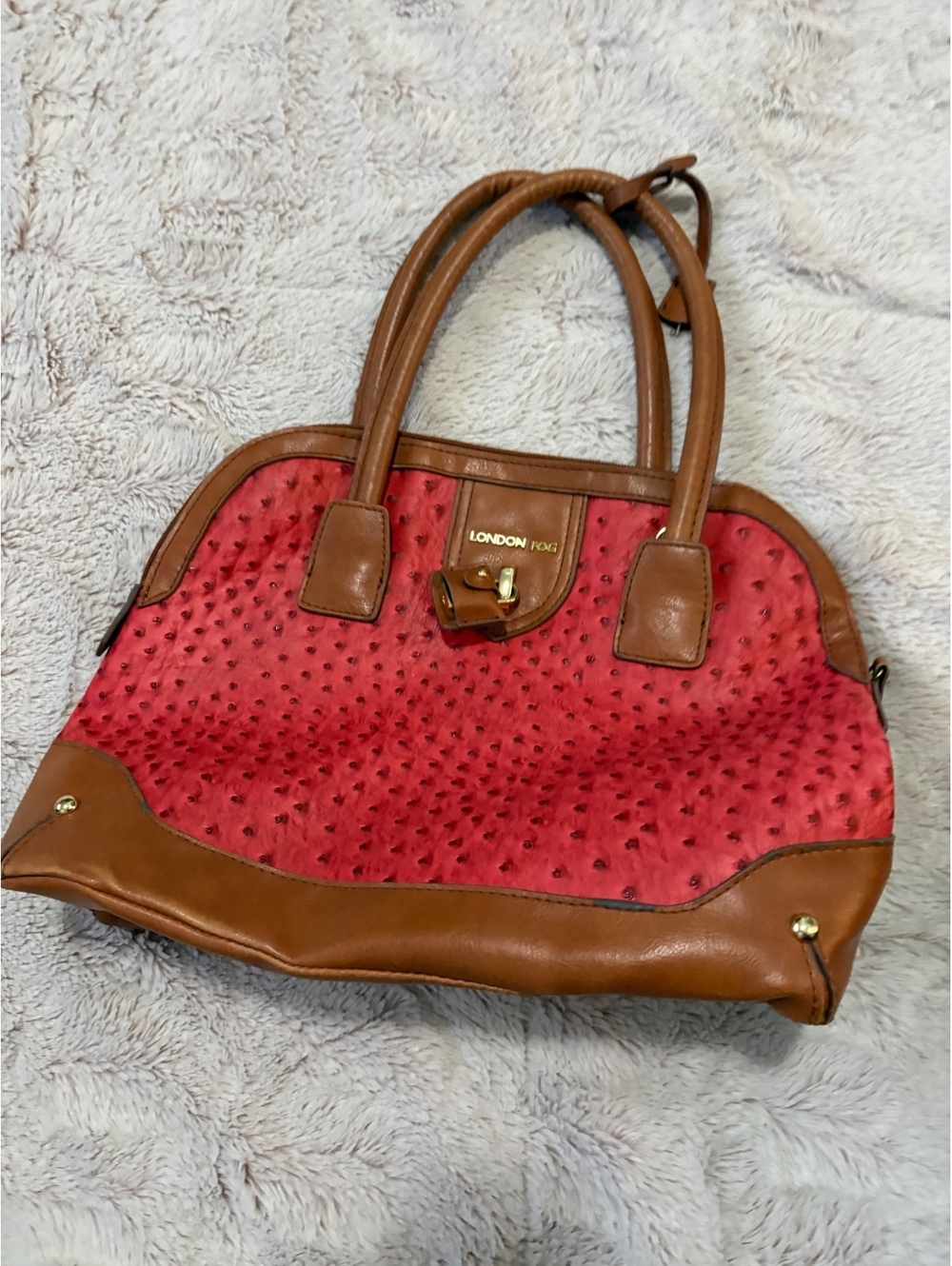 London Fog Red Ostrich-Texture and Brown Leather Handbag